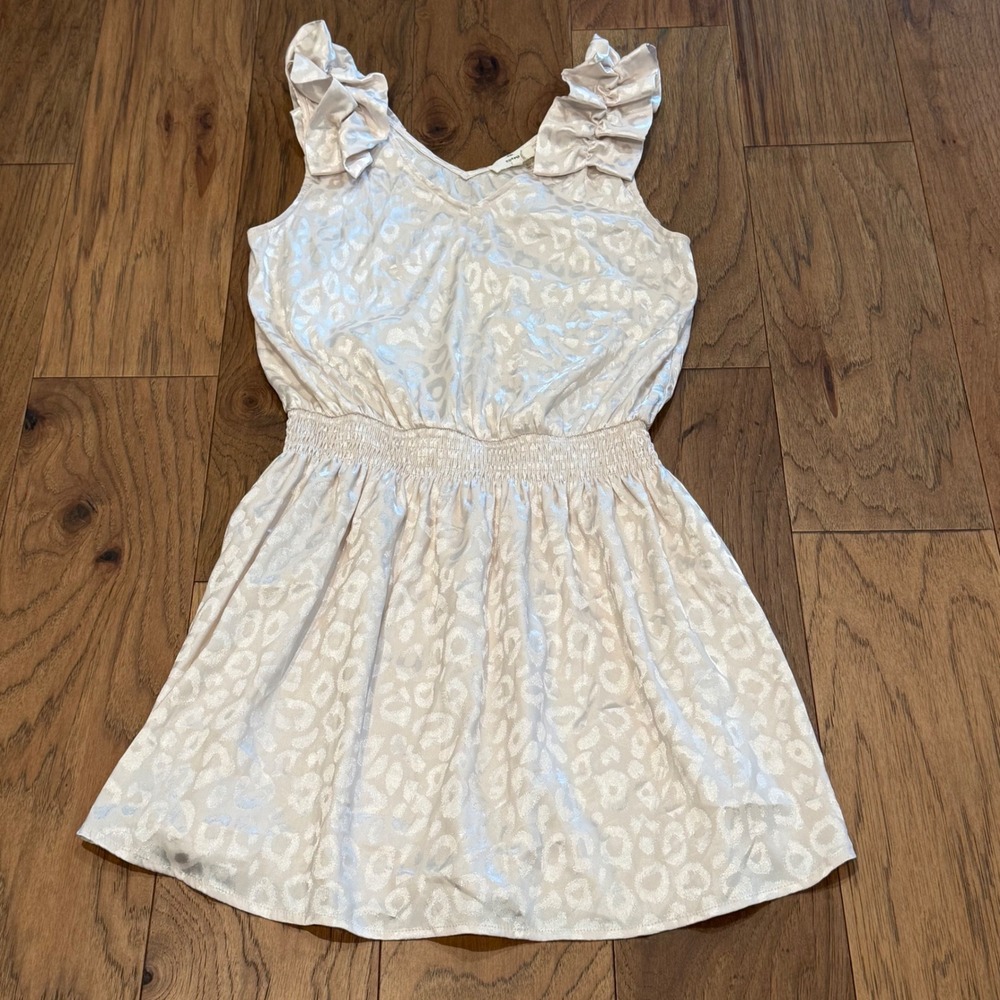 Entro Womens Champagne Leopard Jacquard Ruffle Lined Dress Cream Smocked Waist M
